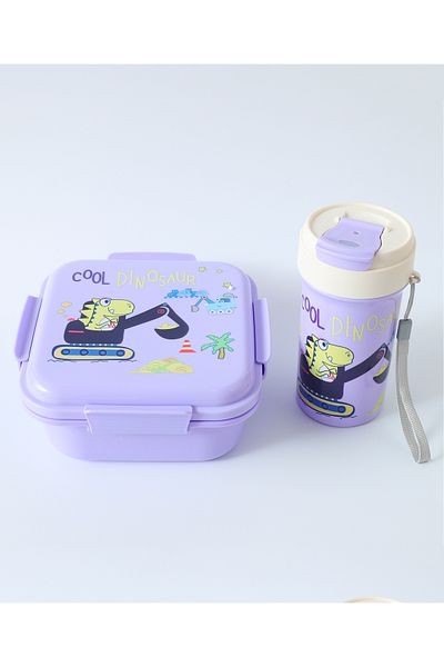 Fab N Funky طقم صندوق غداء وزجاجة مياه بطبعة ديناصور، خالٍ من مادة BPA، أرجواني - 3 قطع