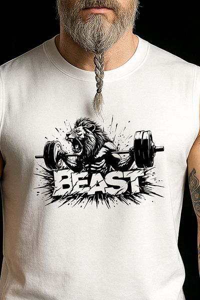 BESSA Men's Beast Printed White Oversize Crew Neck Cotton Sleeveless T-Shirt/Undershirt