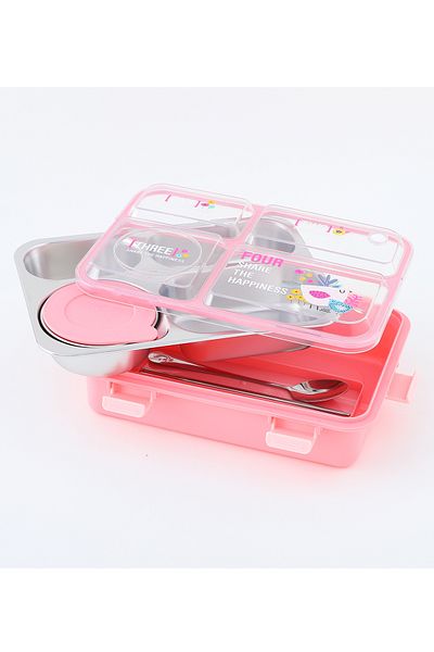 Fab N Funky Kids Bird Themed Lunchbox, Four Compartments, Spacious, Lightweight - Pink