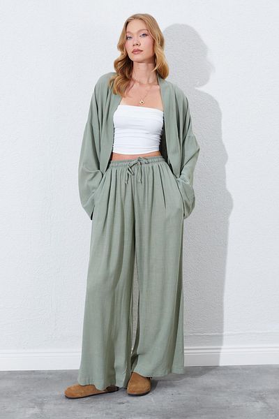 TENA Women's Khaki Elastic Waist Palazzo Linen Trousers