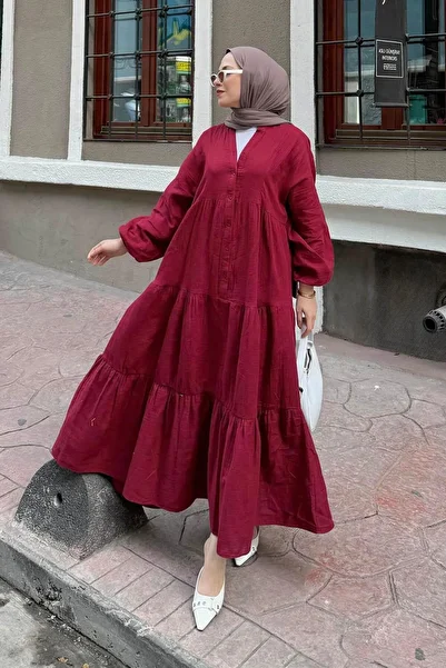 lamelif Front Half Button Detailed Muslin Fabric Hijab Dress Burgundy