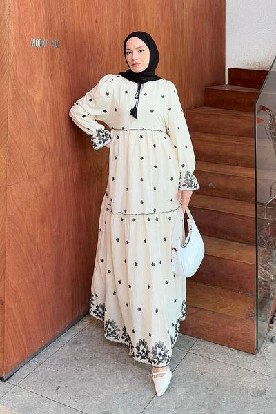 lamelif Πέτρα φόρεμα Hijab με κέντημα λουλουδιών