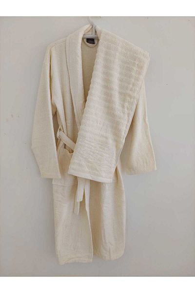 Beğenal Cream Colored 100% Cotton Jacquard Stone Double Bathrobe Set