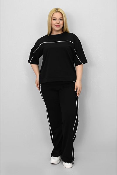 Koza Butik Women's Plus Size Short Sleeve Loose Leg Tracksuit Set with Intermediate Piping Detail 8189-25