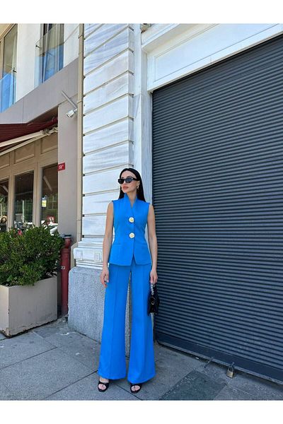 AlisaSu Women's Dark Blue Gold Buttoned Vest Pants Suit