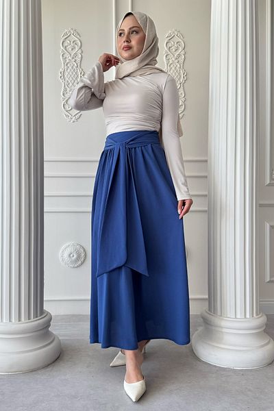 InStyle Pleated Belt Detail Saks Blue Skirt
