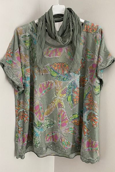 AYASOFYA OTANTIK Women's Italian Mink Scarf Butterfly Patterned Sleeves and Hem Sequined Loose Blouse