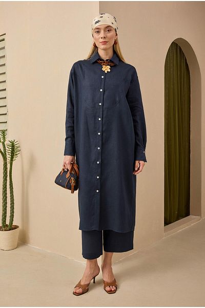 HEQA Ακατέργαστο λινό μακρύ πουκάμισο Midnight Blue