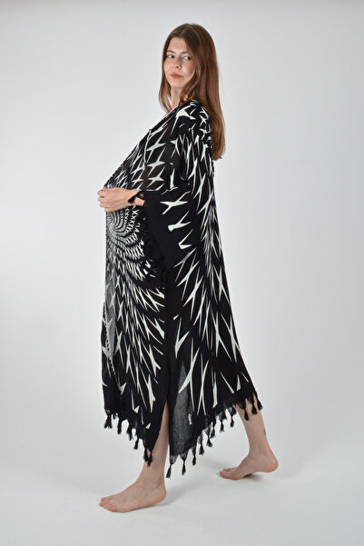 REİNA TEKS Viscon Kimono Bathrobe Black Retro Hypnosis Pattern Cotton Printed Pareo 1 Piece Unisex