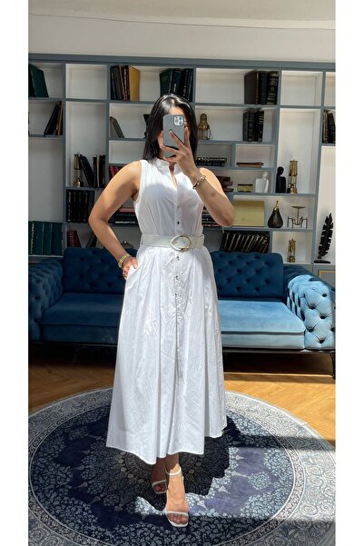 Nida Boutique Sıfır Kol Hakim Yaka Full Düğme Kapamalı Kemerli Keten Astarlı Elbise