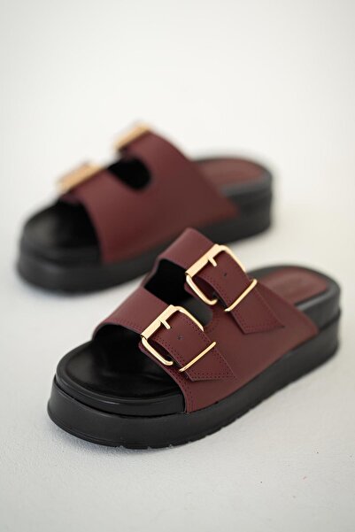 Parponi Dallas Buckle Women's Leather Flat Sole Slippers Burgundy