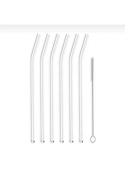 MİMOZA PARK 7 Parça Şeffaf Cam Eğimli Pipet Kokteyl Sunum Wenter Pipetleri Yıkanabilir Fırça