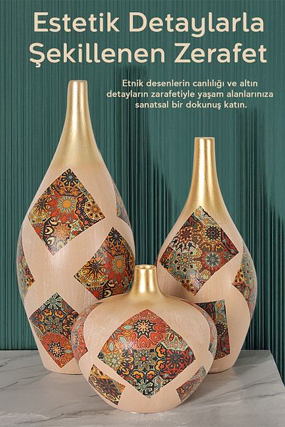 Meleni Home Σετ βάζο Elegance 3 τεμαχίων - Διακοσμητικό βάζο με κεραμικό έγχρωμο έθνικ σχέδιο