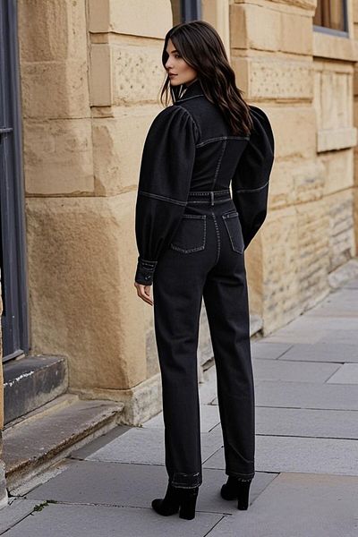 BYŞANS Women's Dark Black Puff Sleeve Front Pocket Detailed Washed Denim Jumpsuit 85N7350
