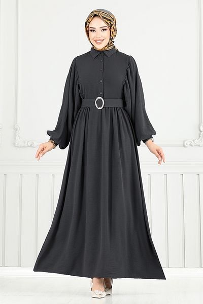 ModaMerve Half Button Aerobin Dress 3071Hbs932-M Smoked