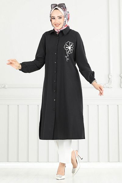 ModaMerve Λεπτομέρεια κεντήματος Hijab Tunic 4095PM1063-M Μαύρο