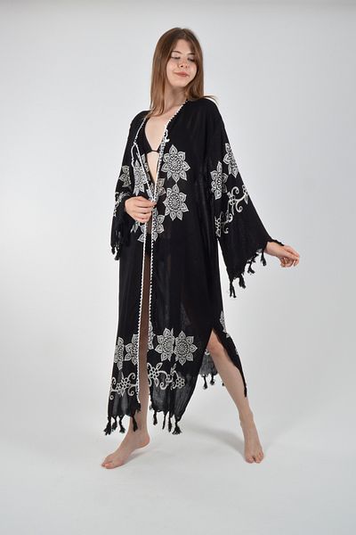 REİNA TEKS Viscon Kimono Bathrobe Black Retro Flower Pattern Cotton Printed Pareo 1 Piece Unisex