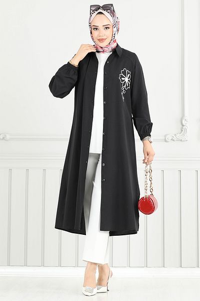 ModaMerve Λεπτομέρεια κεντήματος Hijab Tunic 4095PM1063-M Μαύρο