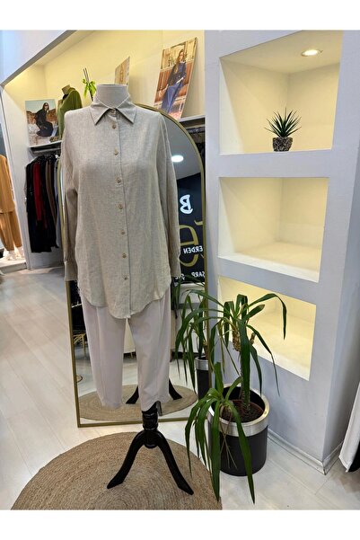 Merwish Button Linen Shirt-Beige 1362