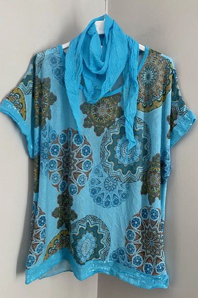 AYASOFYA OTANTIK Women's Italian Turquoise Scarf Mandala Patterned Sleeves and Hem Sequined Loose Blouse