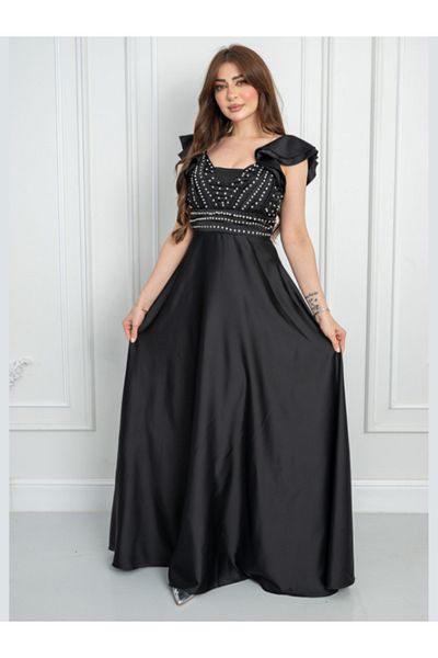 Nice Model Elegant Black Evening Gown Pearl Embellished Formal Dress Off Shoulder Design Women