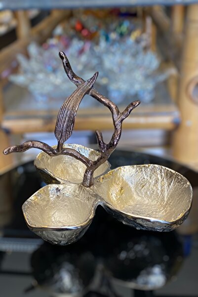 LEMİ DEKORASYON Silver Decorative Treat with Casting Leaf Detail 25 X 25 cm