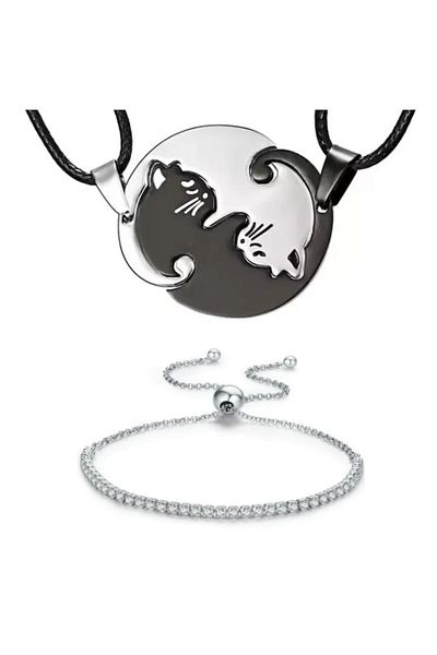TrioStore Cat Couple Necklace and Bracelet Set in Sparkling Tennis Clear Silver, Cat Pendants, Unisex