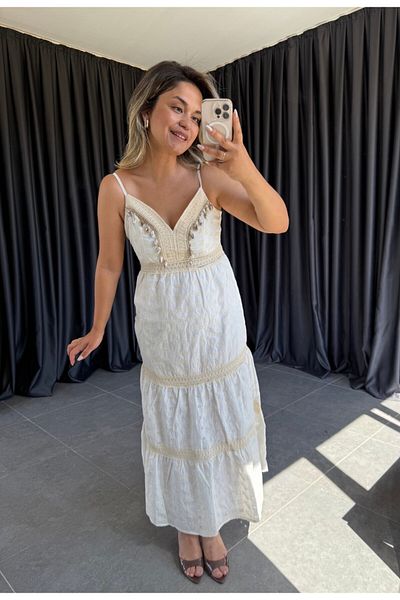 BÜŞRA PERKER Ecru Fisto, Beaded Detailed Dress