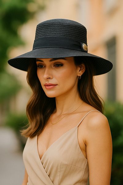 LAGRANZE Women's Black Straw Fedora Hat with Ribbon Metal Accessory Detail Summer