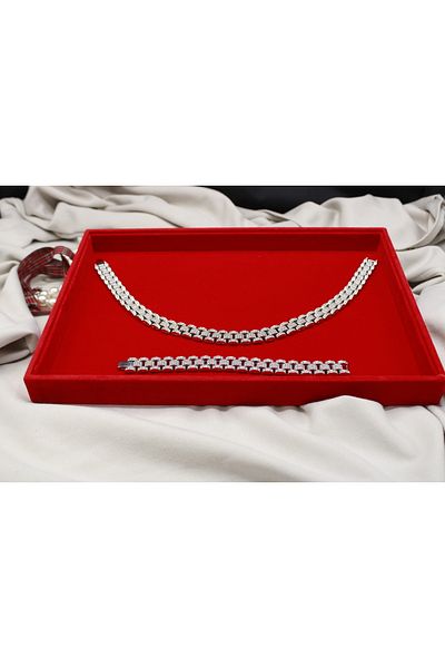 Brand. Luxury Pave Link Jewelry Set – Iced Out Necklace & Bracelet, Silver-Plated, Rhinestone Encrusted
