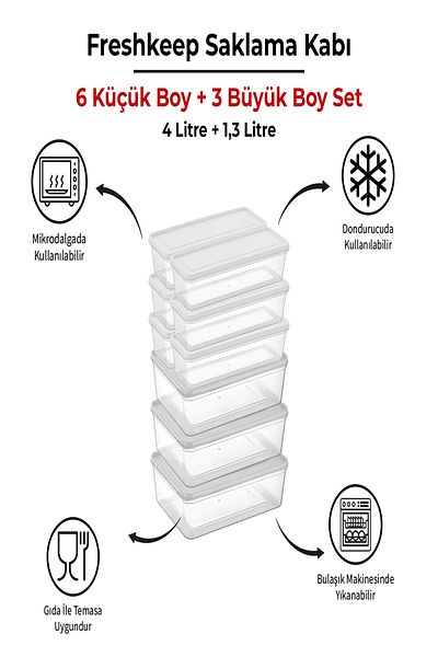 bizimevde 9 Storage Containers (3 Large-6 Medium Size) 4 Liter + 1.3 Liter Deep Freezer Microwave Compatible