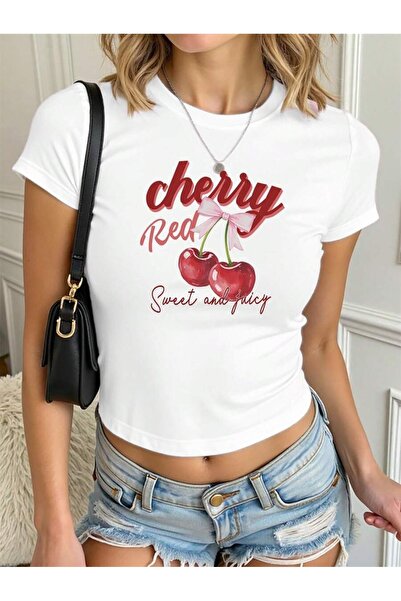 OVER HEAD Kadın Kiraz Cherry Red Baskılı Baby Tee Crop T-shirt