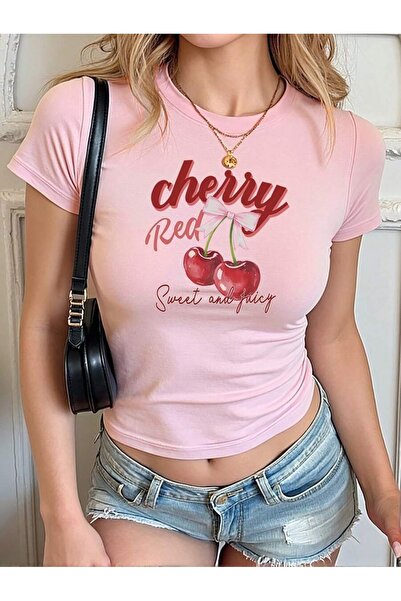 OVER HEAD Tricou Crop pentru femei Cherry Cherry Red Printed Baby Tee
