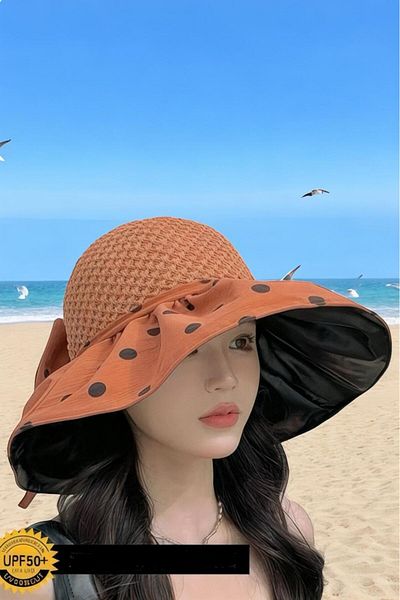 Trenderrs Women's Wide Brim Uv Protection Polka Dot Bow Foldable Hat