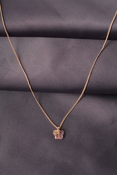 BESKAR Gold Color Metal Zircon Stone Pink Minimal Butterfly Detailed Women's Necklace