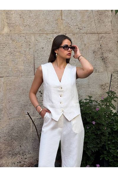 Bak'ap Premium Bussines Cream Striped Vest -Pants 2-Piece Suit