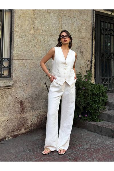 Bak'ap Premium Bussines Cream Striped Vest -Pants 2-Piece Suit