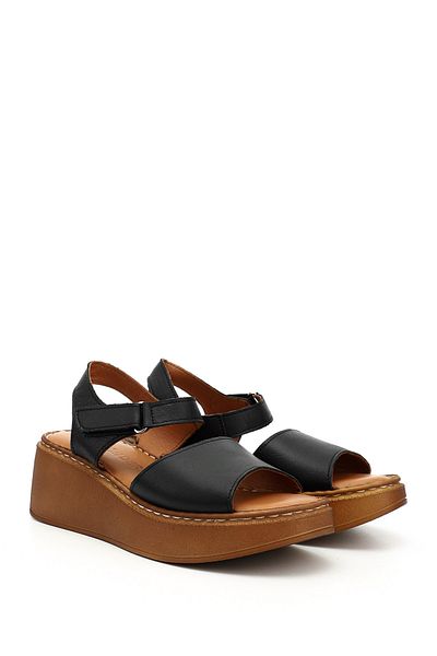 GÖNDERİ(R) Women / Girls Black Wedge Sole Genuine Leather Sandals