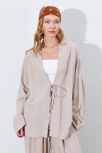 TENA Women's Dark Beige Kimone Jacket with Rope Tie on the Front