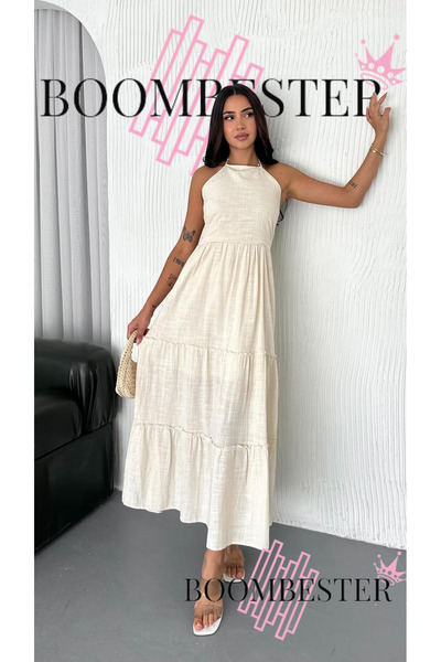BoomBester Γυναικείο μάξι φόρεμα 100% λινό με δεμένο λαιμό με ανοιχτή μέση - Premium κομψότητα και άνετο καλοκαίρι