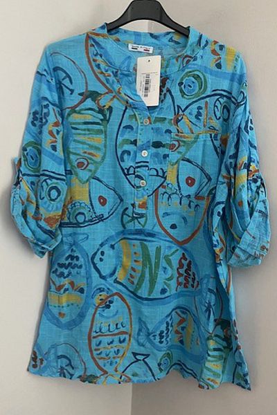 AYASOFYA OTANTIK Women's Italian Turquoise Colored Fish Pattern Button Detailed Folding Orphan Sleeve 100% Cotton Blouse