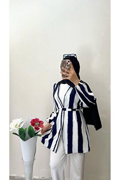 DİLEKBUTİK Καλοκαιρινό κιμονό με λευκές ρίγες σε μπλε ναυτικό