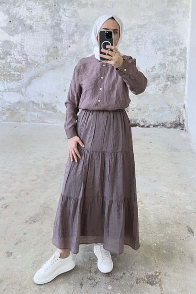 Hatun Atila Μακριά φούστα Casual Cut με ελαστική μέση 5213 - Καφέ