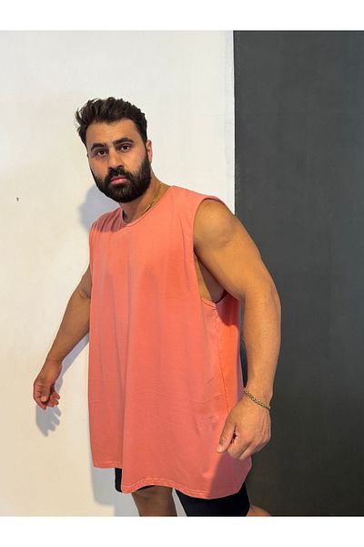 Bas Body FitnessWear Battal Large Size Zero Sleeve Undershirt Plain Unprinted Salmon Color