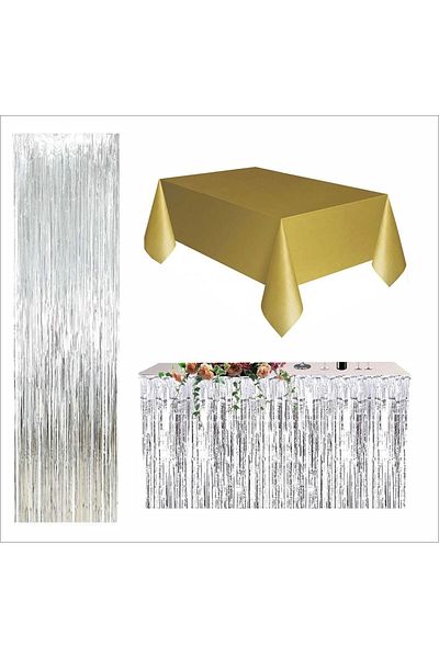 ZENVİVA 3 Pieces Gold Table Cloth, Silver Table Skirt, Silver Backgrounds