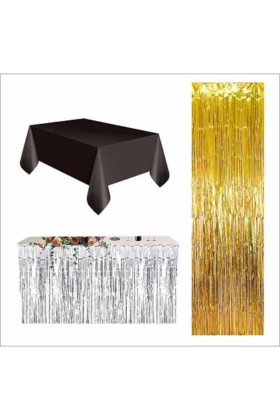 ZENVİVA 3 Pieces Black Table Cloth, Silver Table Skirt, Gold Back Fon