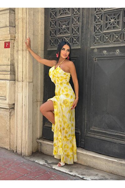 Bak'ap Premium Halter Neck Ruffle Floral Print Summer Alacati Chiffon Dress