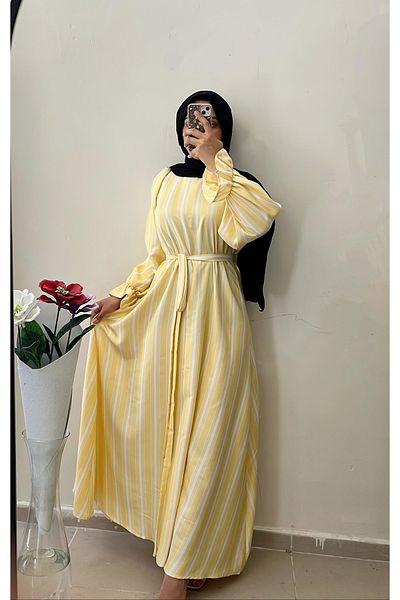 DİLEKBUTİK Summer Yellow Wide Cut Waist Sash Flared Dress