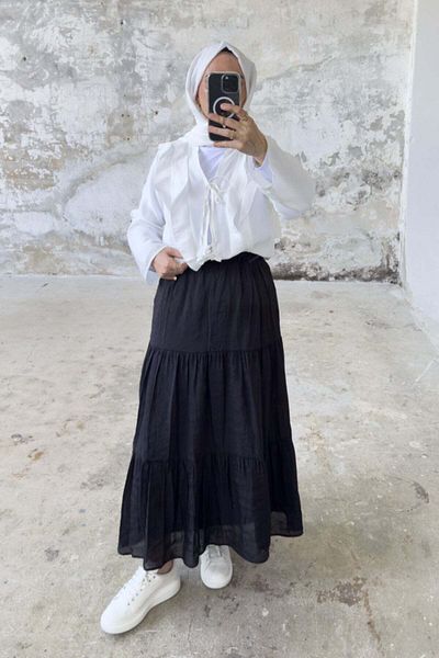 Hatun Atila Fusta lungă în straturi cu talie elastică cu croiala confortabilă 5213 - neagră