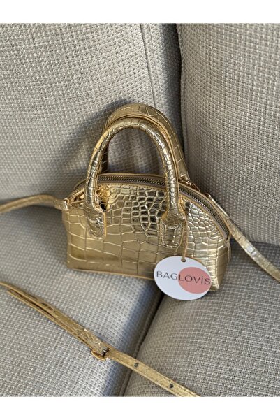BAGLOVİS Croco Leather Small Hand and Cross Gold Women's Shoulder Bag En18 Boy12